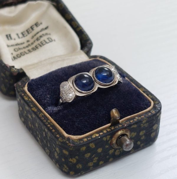 Vintage Cabochon Sapphire Two Stone and Diamond Ring