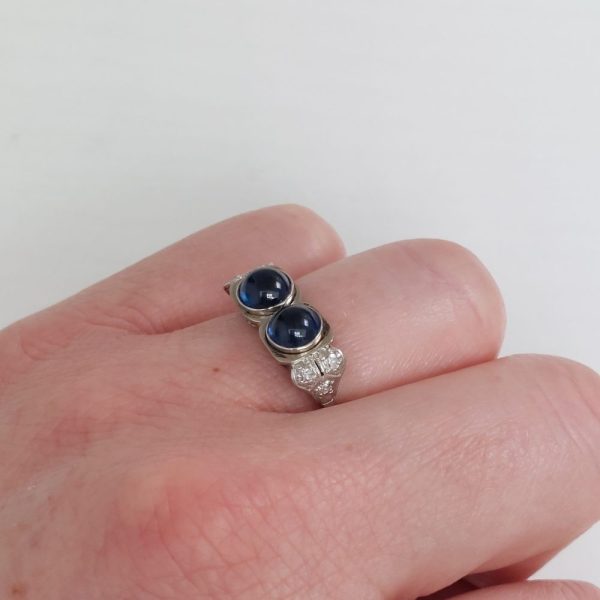 Vintage Cabochon Sapphire Two Stone and Diamond Ring