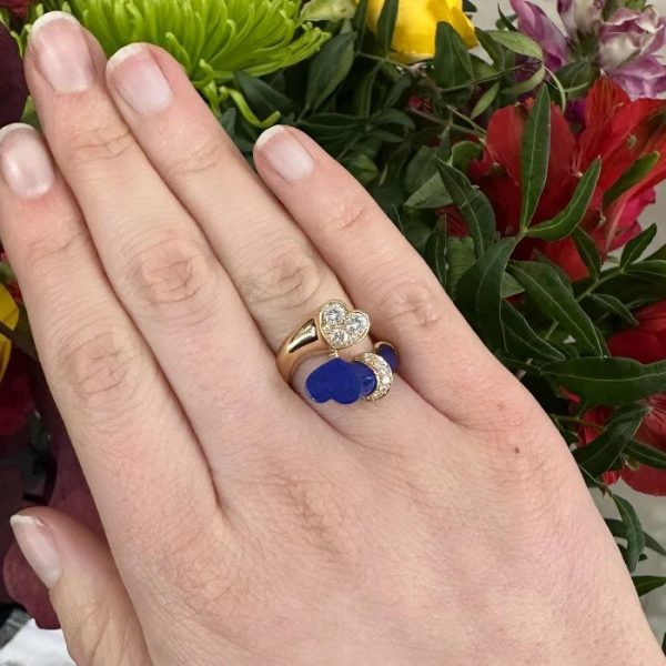 Vintage French Lapis Lazuli and Gold Entwined Heart Crossover Ring with Diamonds