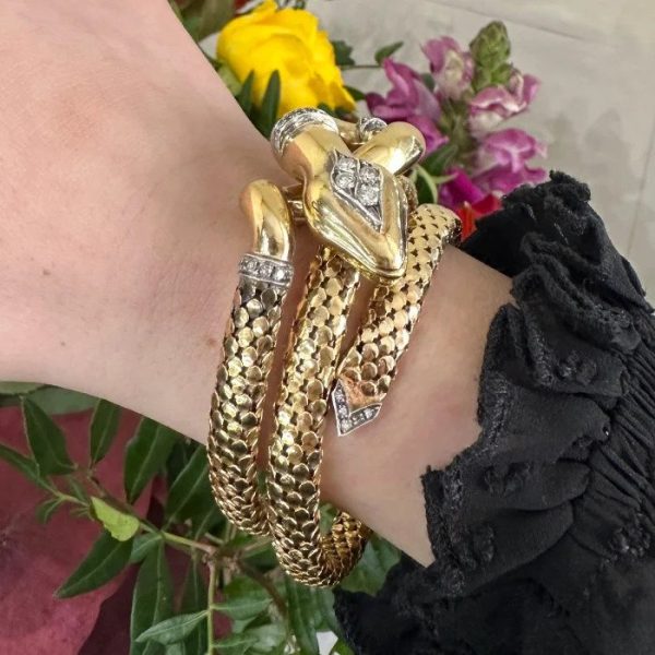 Vintage Italian Diamond And Gold Coiled Snake Bracelet