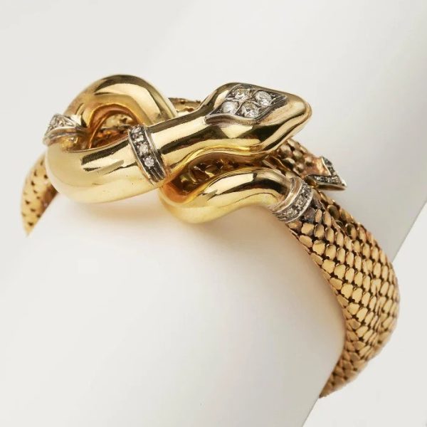 Vintage 1960s Italian Diamond And Gold Coiled Snake Bracelet