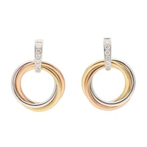 Tri Colour Gold Trinity Drop Earrings with Diamonds