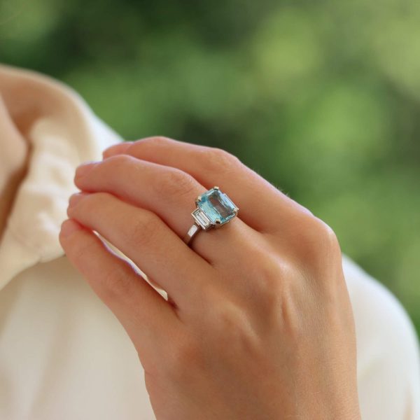 3.80ct Emerald Cut Aquamarine and Baguette Diamond Three Stone Ring in Platinum