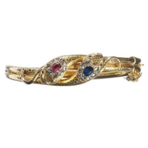 Antique Ruby Sapphire Diamond Gold Double Snake Bangle