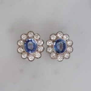 1.50ct Oval Sapphire and Diamond Floral Cluster Earrings