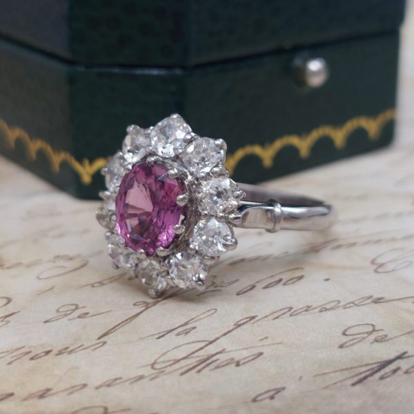 1.90ct Pink Sapphire and Old Cut Diamond Cluster Ring