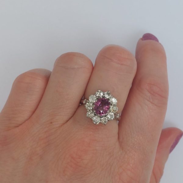 1.90ct Pink Sapphire and Old Cut Diamond Cluster Ring