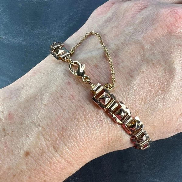 French Retro 18ct Rose Gold Tank Bracelet with lobster clasp and safety chain