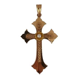 French 18ct Rose Gold Cross Pendant with Natural Pearl