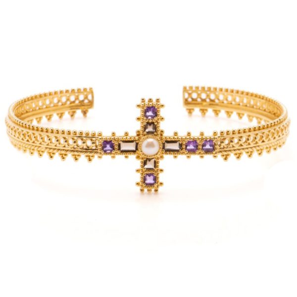 Amethyst Pearl 18ct Gold Cross Bangle Bracelet by Jade Jagger