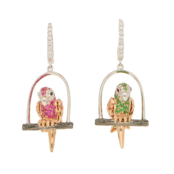 Tsavorite Garnet and Fancy Colour Sapphire Parrot Earrings, perched parrots on swing set with blue, pink, orange and yellow sapphires, rubies, tsavorite garnets and diamonds