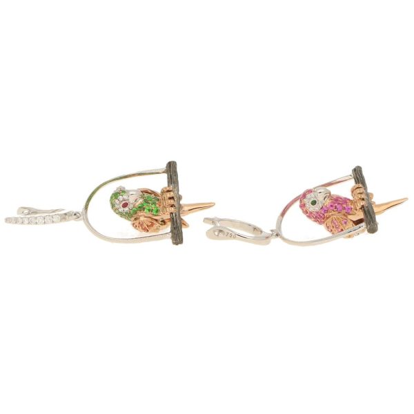 Tsavorite Garnet and Fancy Colour Sapphire Parrot Earrings, each parrot is perched on a white gold swing roost and set with blue, pink, orange and yellow sapphires, rubies, tsavorite garnets and diamonds