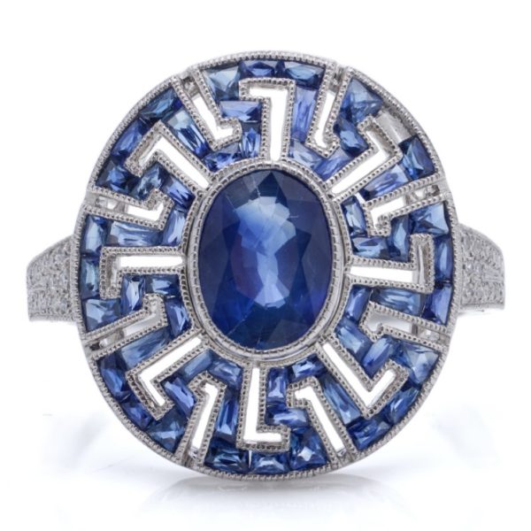 Vintage Art Deco Inspired 2.30ct Sapphire and Diamond Cluster Dress Ring in Platinum