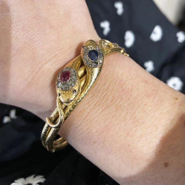 Victorian Antique Ruby Sapphire Diamond Gold Double Head Snake Bangle Bracelet