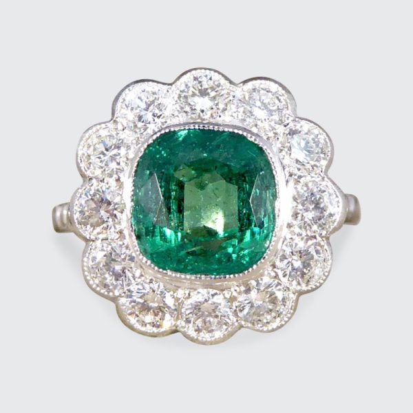 2.55ct Cushion Cut Emerald and Diamond Cluster Ring