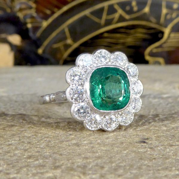 2.55ct Cushion Cut Emerald and Diamond Cluster Ring