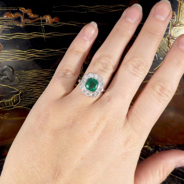 2.55ct Cushion Cut Emerald and Diamond Cluster Ring