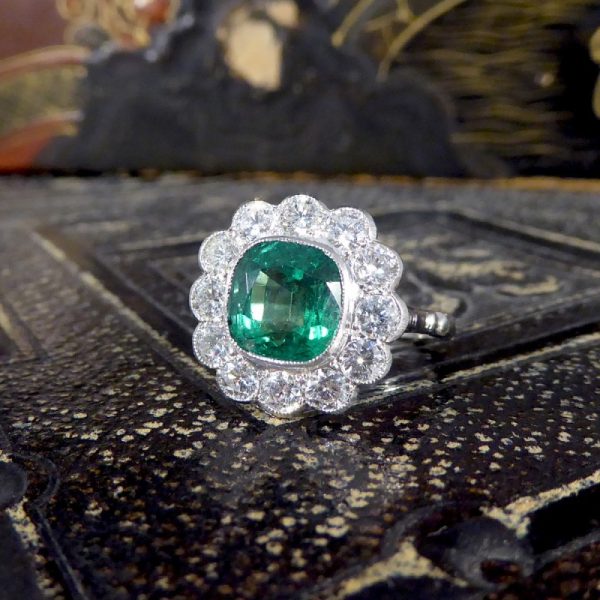 2.55ct Cushion Cut Emerald and Diamond Cluster Ring