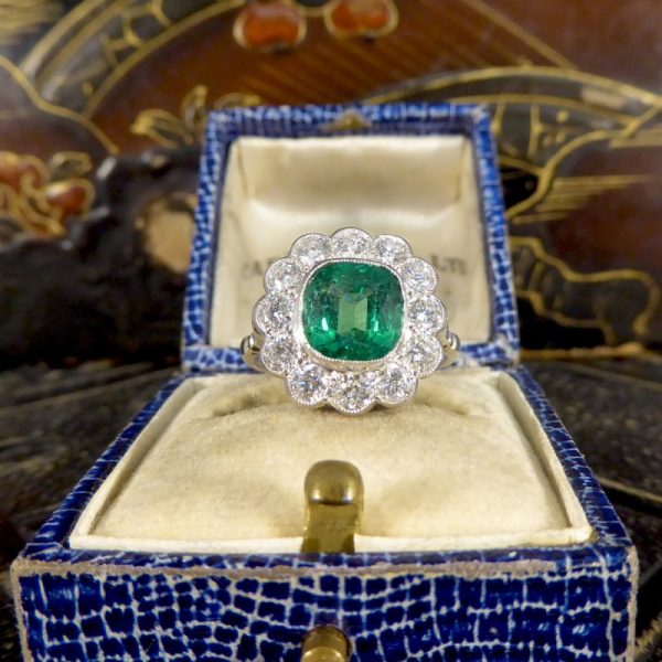 2.55ct Cushion Cut Emerald and Diamond Cluster Ring