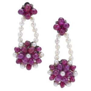 Vintage Burma Ruby and Pearl Flower Cluster Drop Earrings, 18ct white gold floral drop earrings set with round drilled natural Burma Rubies and cultured pearls. Circa 1990s