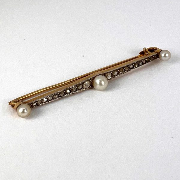 Antique Natural Pearl and Rose Cut Diamond Bar Brooch