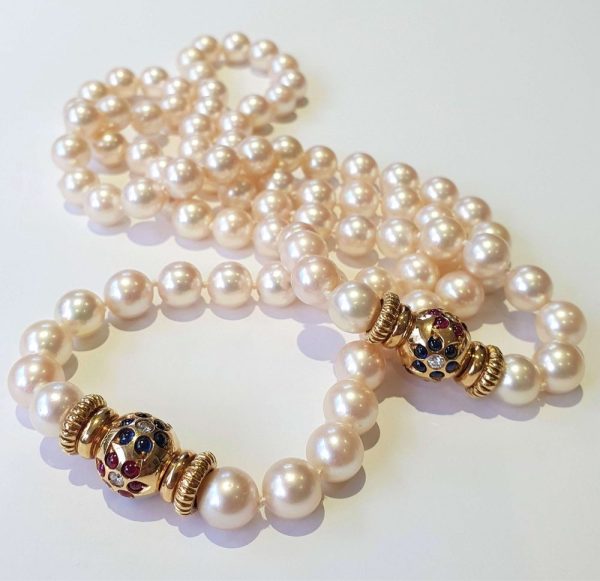Vintage 1980s Italian Akoya Pearl Long Necklace with Gem Set Clasp