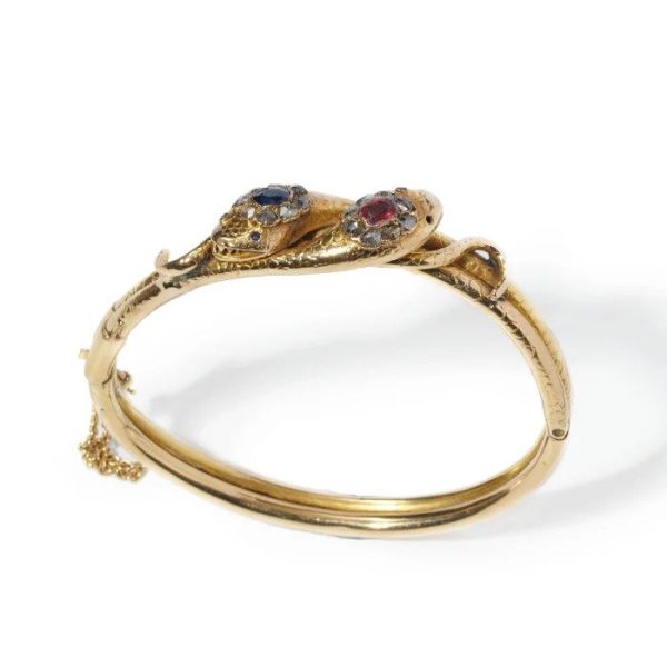 Victorian Antique Ruby Sapphire Diamond Gold Double Head Snake Bangle Bracelet