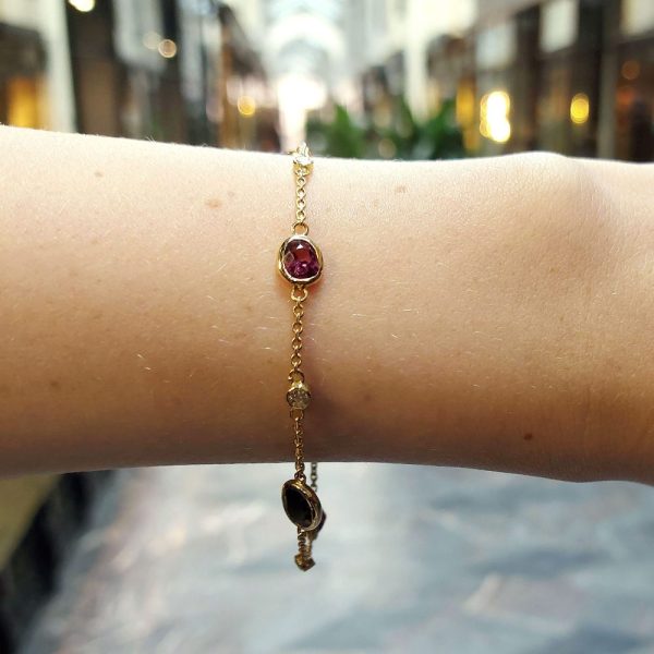 Pink and Green Tourmaline Garnet and Diamond Bracelet in 18ct Yellow Gold