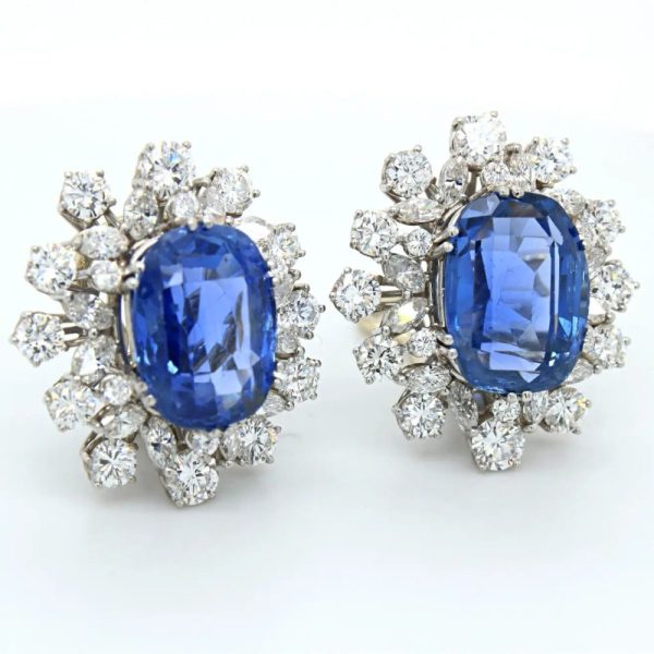Vintage No Heat Ceylon Sapphire and Diamond Cluster Earrings, 20.20 carat total