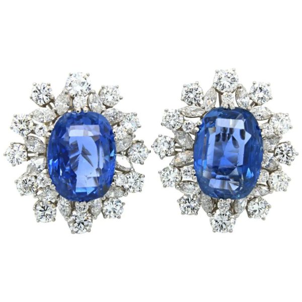 Vintage 20cts No Heat Ceylon Sapphire and Diamond Cluster Earrings, cushion shaped 9.92 and 10.28ct natural non heat treated Ceylon sapphires surrounded by 6cts marquise and round brilliant cut diamonds of very fine quality in platinum, by Lange. Circa 1970s