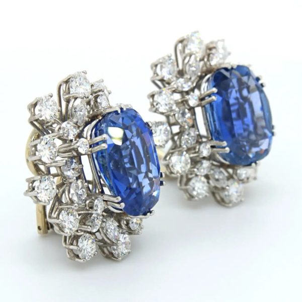 Vintage Natural No Heat Ceylon Sapphire and Diamond Cluster Earrings in Platinum, 20.20 carat total