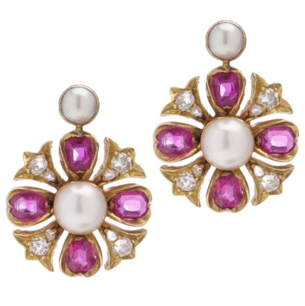 Victorian Antique Natural Pearl, Burma Ruby and Old Cut Diamond Cluster Drop Earrings, 18ct yellow gold flower-head drop earrings set with Burmese rubies, old mine and rose cut diamonds, and natural round-shaped pearls. Late 19th century Circa 1870s