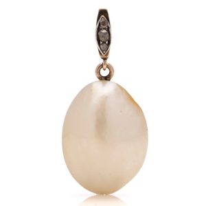 Early Victorian Antique Natural Blister Pearl Pendant with Diamonds