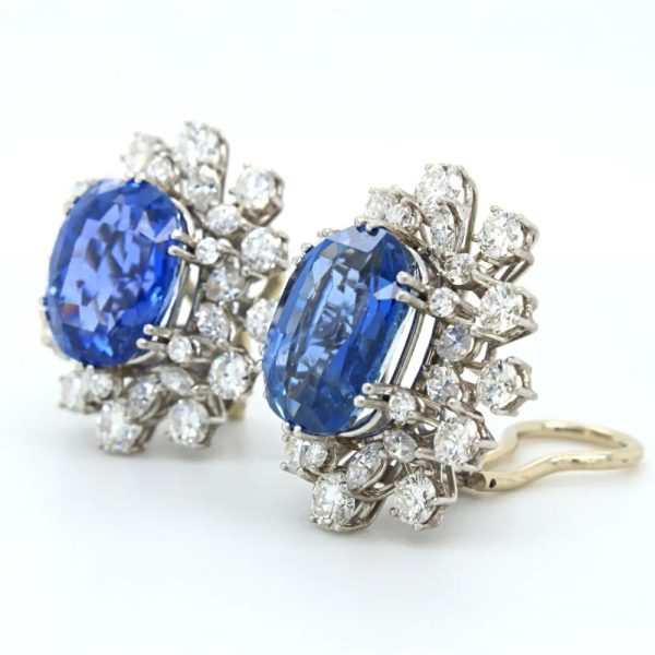 Certified Natural No Heat Ceylon Sapphire and Diamond Cluster Earrings in Platinum, 20.20 carats