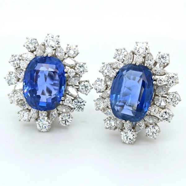 Certified 20.20cts Natural No Heat Ceylon Sapphire and Diamond Cluster Earrings in Platinum, Circa 1970s