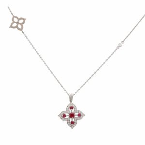 Modern Ruby and Diamond Floral Cluster Pendant Necklace