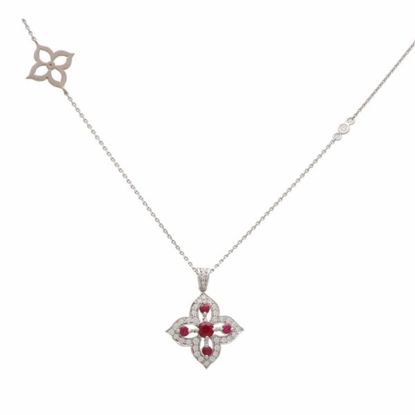 Modern Ruby and Diamond Flower Cluster Pendant Necklace