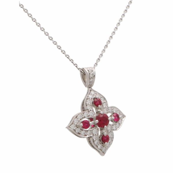 Modern Ruby and Diamond Floral Cluster Pendant Necklace