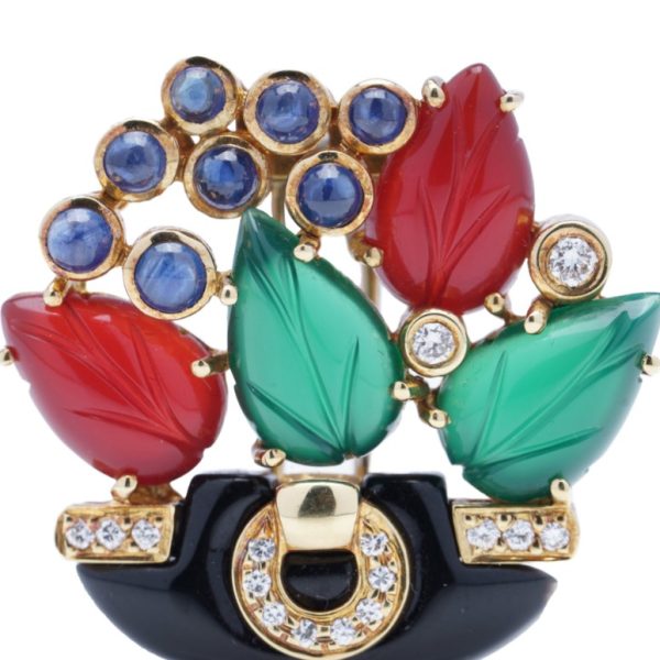 Vintage 1980s Cartier Multi Gemstone Floral Bouquet Brooch with onyx carnelian chalcedony sapphires and diamonds