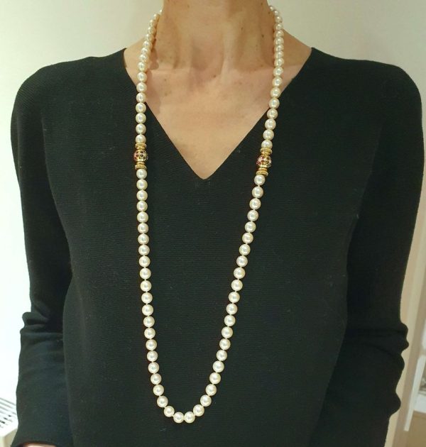 Vintage 1980s Italian Akoya Pearl Long Necklace with Gem Set Clasps with Sapphire Rubies Diamonds