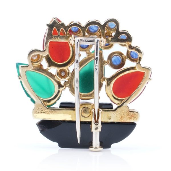Vintage Cartier 18ct Yellow Gold Flower Brooch with Multi Gemstone Carnelian Chalcedony Onyx Sapphires and Diamonds