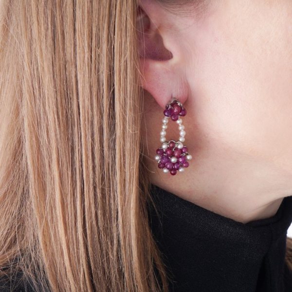 Vintage Natural Burma Ruby and Pearl Flower Cluster Drop Earrings