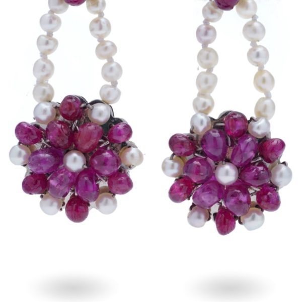 Vintage Natural Burma Ruby and Pearl Floral Cluster Drop Earrings