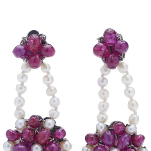 Vintage 1990s Natural Burma Ruby and Pearl Floral Cluster Drop Earrings
