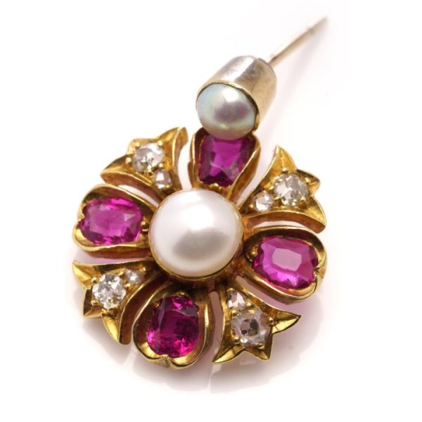 Victorian Antique Natural Pearl, Burma Ruby and Old Cut Diamond Cluster Drop Earrings in 18ct Yellow Gold