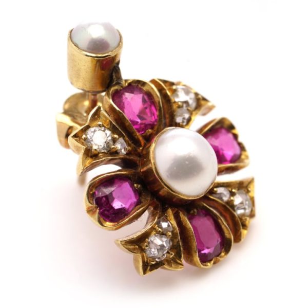 Antique Victorian 19th century Natural Pearl, Burma Ruby and Old Cut Diamond Cluster Drop Earrings in 18ct Yellow Gold