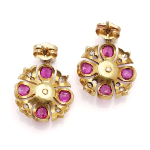 Antique Victorian 19th century Natural Pearl, Burma Ruby and Old Cut Diamond Cluster Drop Earrings in 18ct Yellow Gold