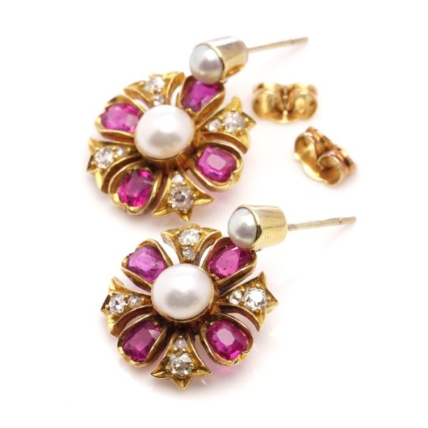 Antique Victorian 19th century 18ct yellow gold floral cluster droop earrings with Natural Pearl, Burma Ruby and Old Cut Diamonds