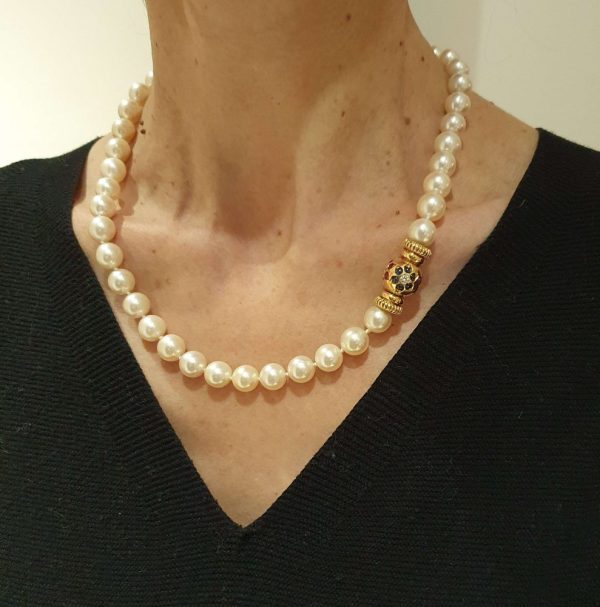 Vintage 1980s Italian Akoya Pearl Single Strand Necklace with Gem Set Clasps with Sapphire Rubies Diamonds