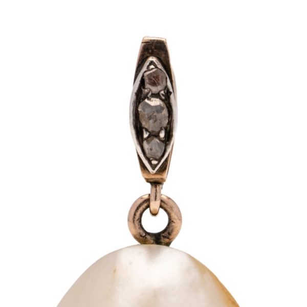 Early Victorian Antique Natural Blister Pearl Pendant with Rose Cut Diamond Bail